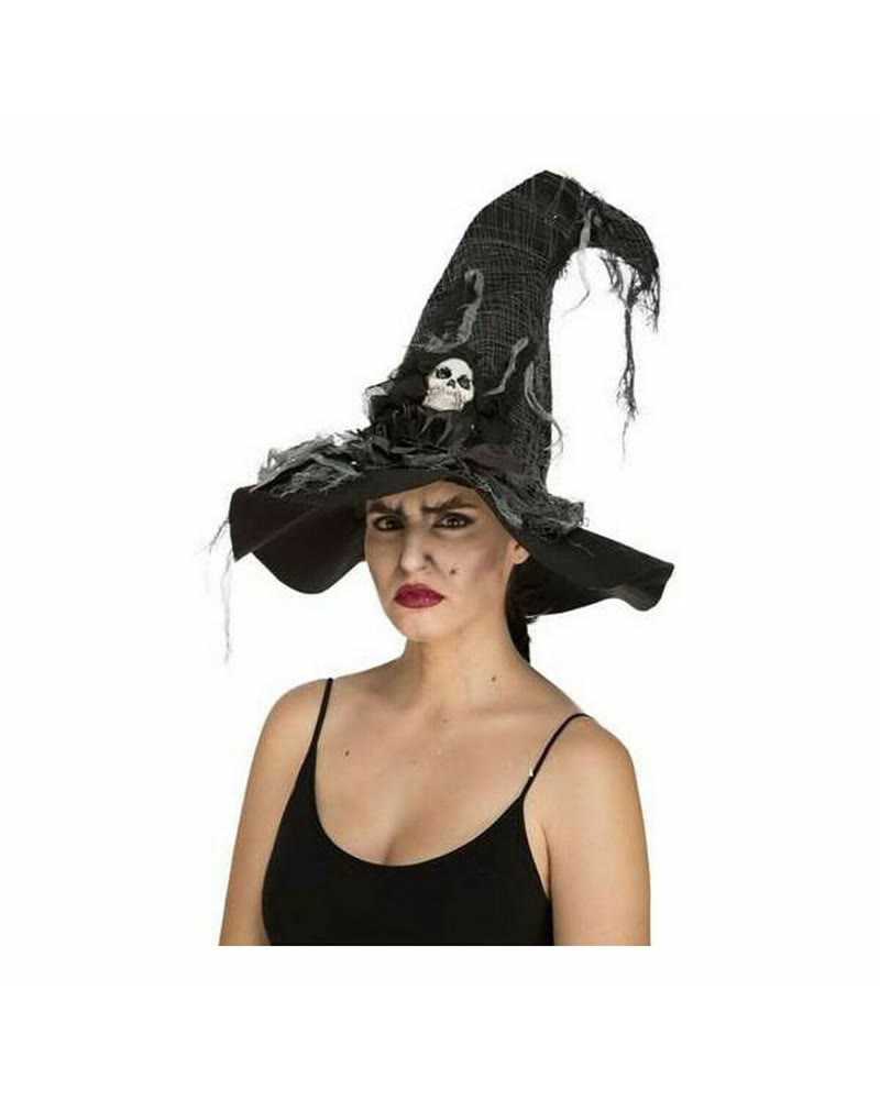 Chapeau de sorcière noir à large bord avec voiles déchirés et crâne décoratif
