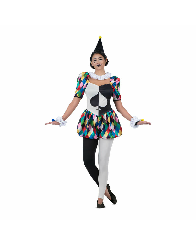 Costume d'arlequin femme avec robe à motif as de pique et chapeau pointu