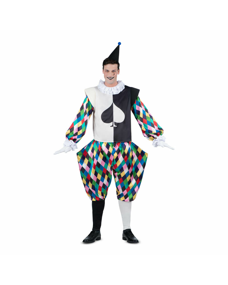 Costume d'arlequin homme à losanges multicolores avec collerette et chapeau