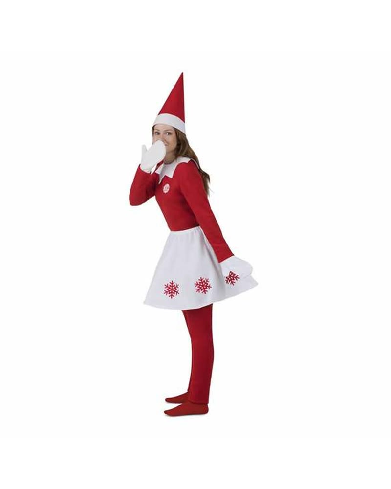 Costume de lutin de Noël femme avec robe rouge, tablier blanc et bonnet pointu