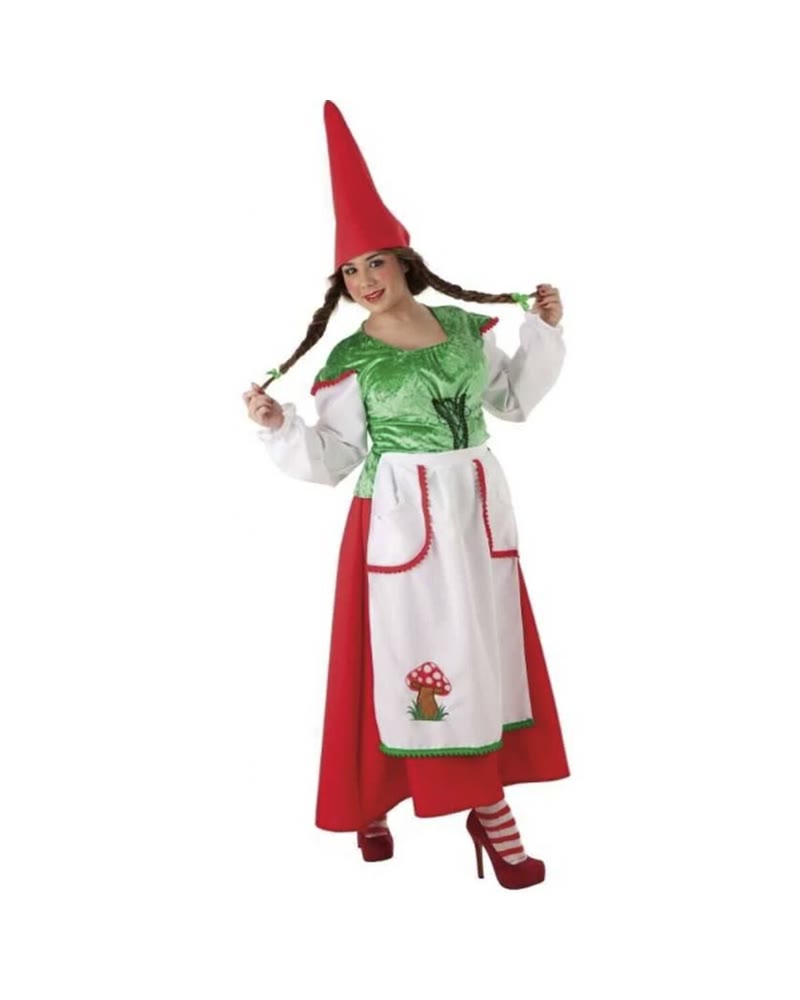 Costume de lutine de Noël avec bonnet rouge pointu, corsage vert, tablier blanc et jupe rouge