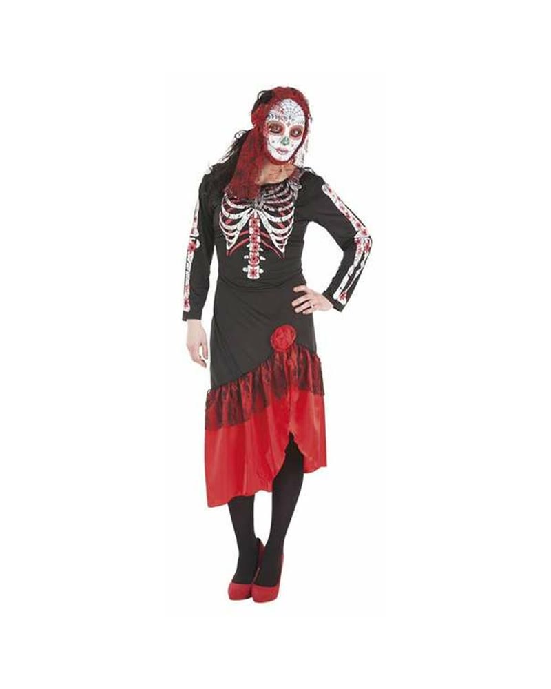 Robe de catrina noire et rouge inspirée du Jour des Morts mexicain avec motifs squelette