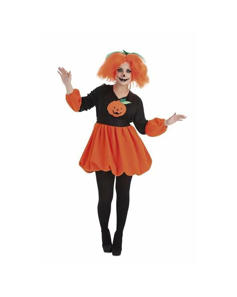 Déguisement de citrouille femme avec robe boule orange à visage de citrouille