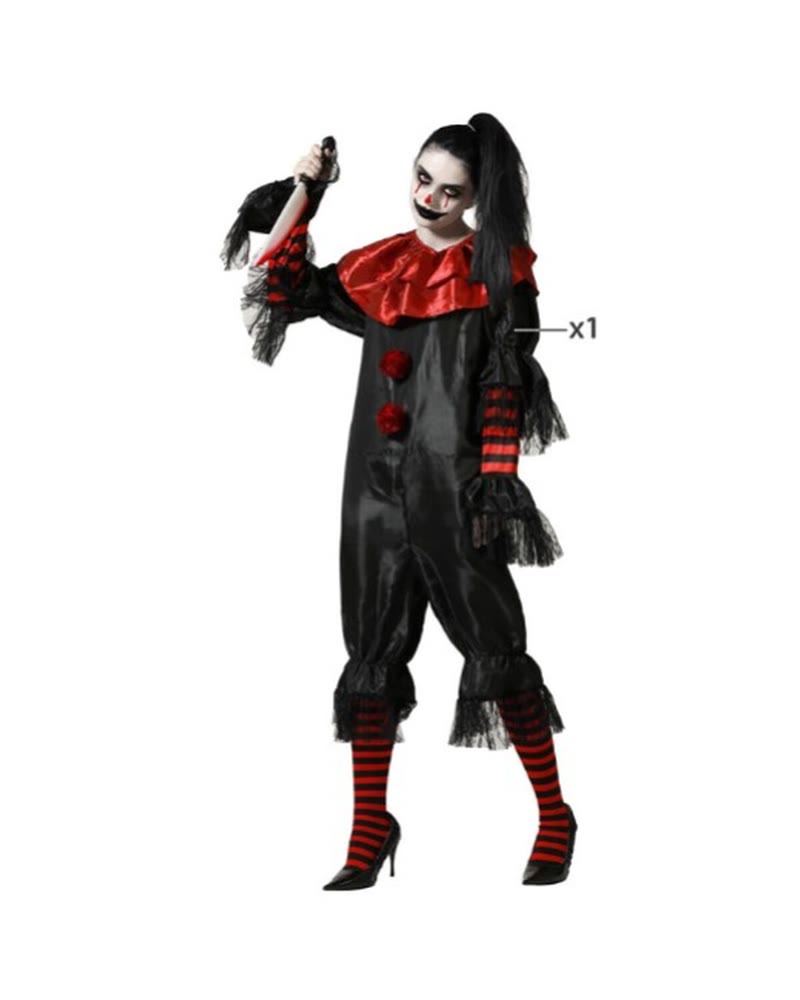 Déguisement de clown terrifiant femme noir et rouge avec collerette et jambières rayées