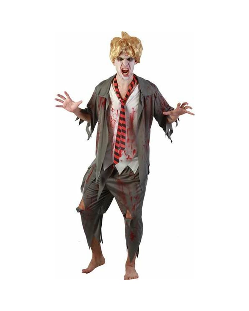 Déguisement d'écolier zombie avec chemise déchirée, cravate rayée et pantalon lacéré