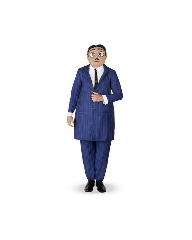 Costume officiel de Gomez Addams avec costume rayé bleu et moustache