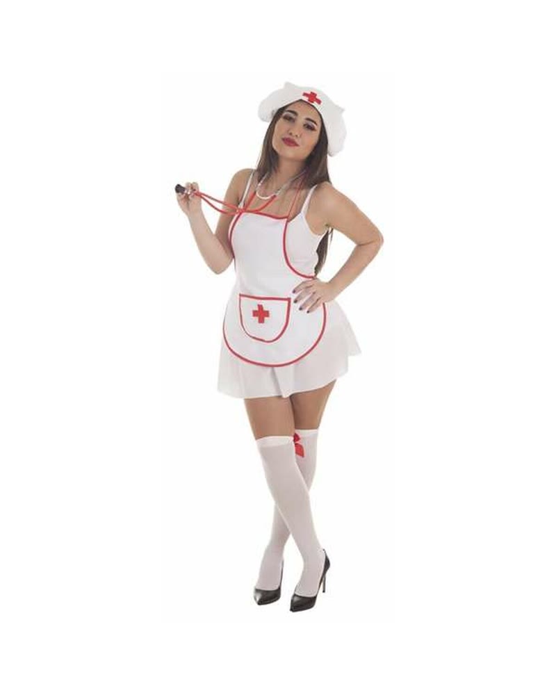 Déguisement d'infirmière blanc 5 pièces avec robe, tablier, coiffe et stéthoscope factice