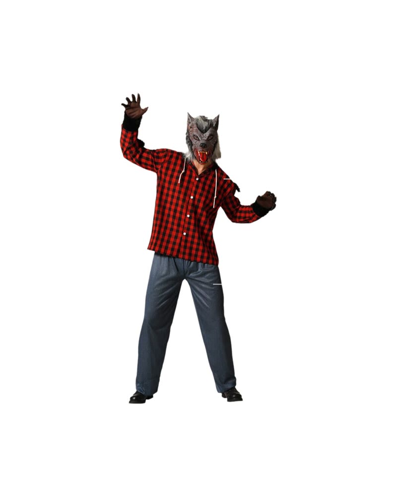 Déguisement de loup-garou avec chemise à carreaux déchirée et masque de loup
