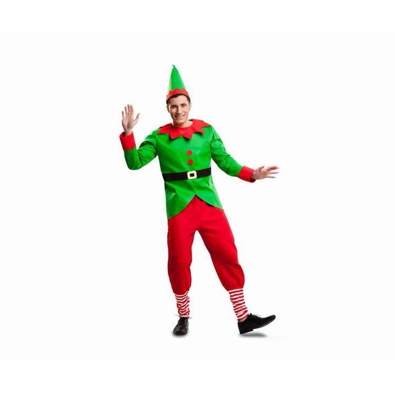 Déguisement de lutin de Noël pour homme avec tunique verte à col dentelé, pantalon rouge et bonnet pointu