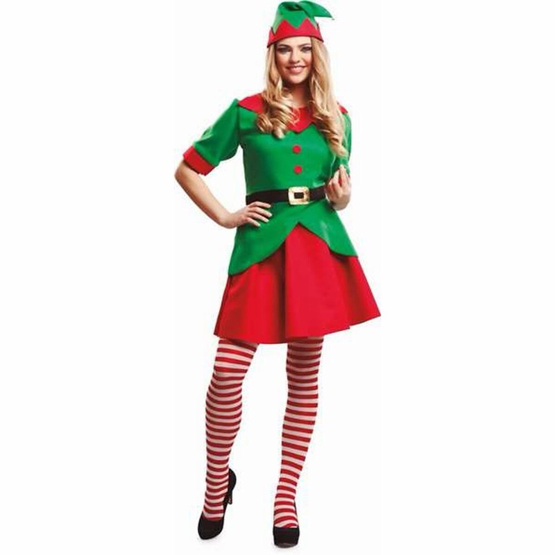 Déguisement de lutine de Noël pour femme avec tunique verte, jupe rouge, bonnet pointu et collants rayés