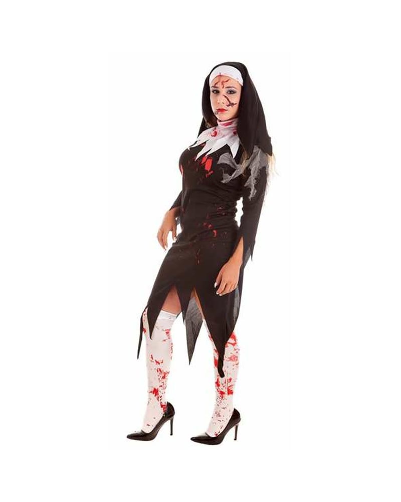 Déguisement de nonne zombie avec robe déchirée, voile et bas ensanglantés