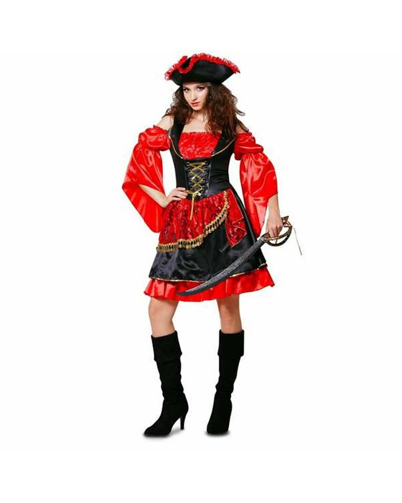 Déguisement de pirate femme rouge et noir avec chapeau et sabre factice