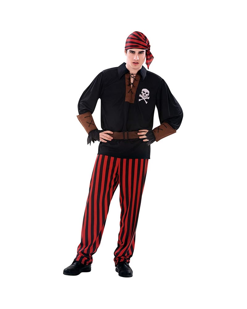 Déguisement de pirate homme avec bandana, chemise tête de mort et pantalon rayé