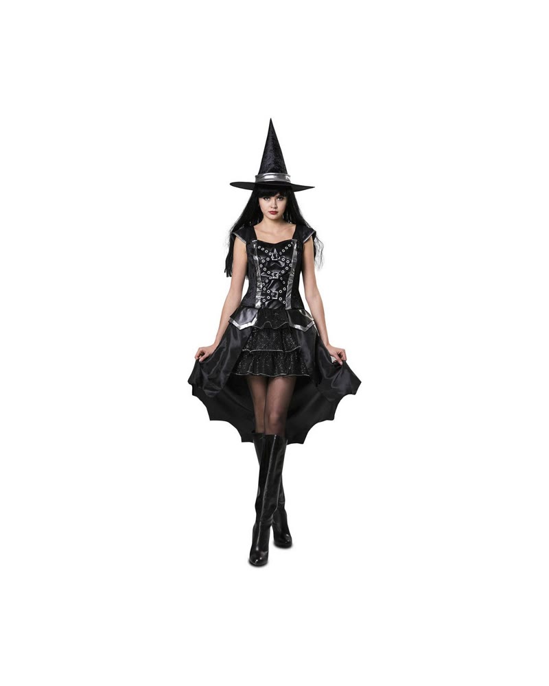 Robe de sorcière noire pailletée à jupe asymétrique avec chapeau pointu assorti