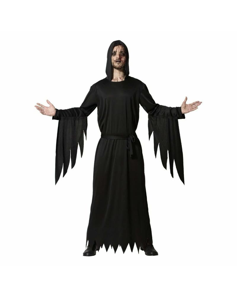 Longue tunique noire de spectre à capuche avec manches effilochées et ceinture