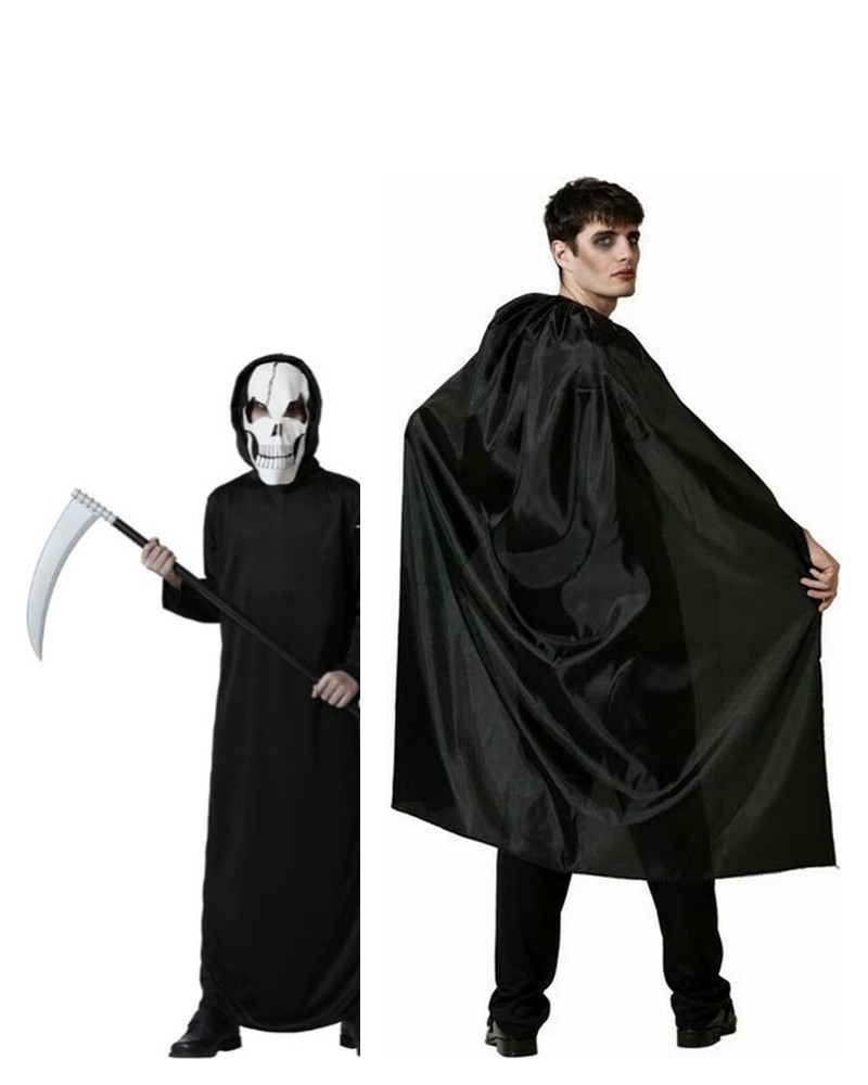 Lot parent-enfant : déguisement de faucheur pour enfant avec faux et cape noire de vampire pour adulte