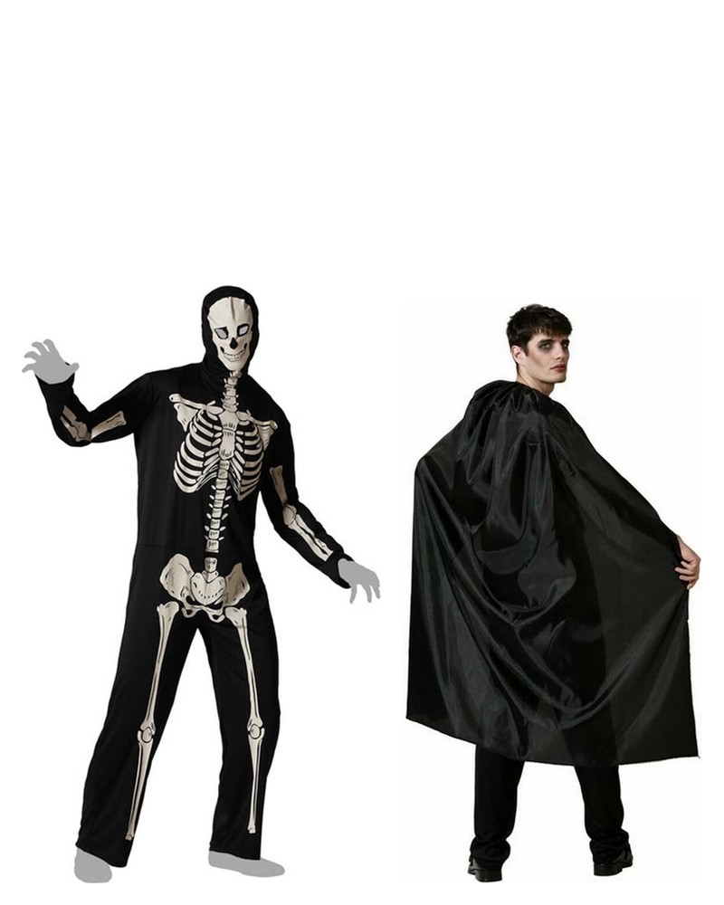 Lot de deux déguisements Halloween : combinaison squelette adulte et cape noire de vampire