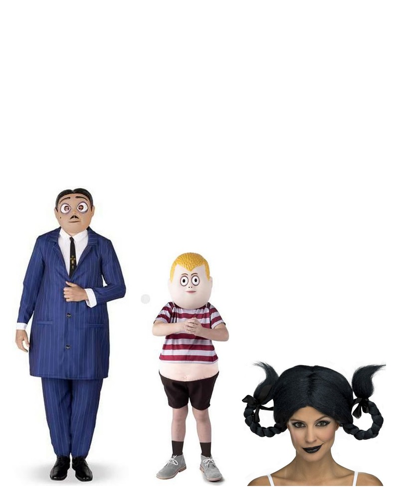Lot de trois déguisements officiels de la famille Addams : Gomez, Pugsley et la perruque à tresses de Mercredi
