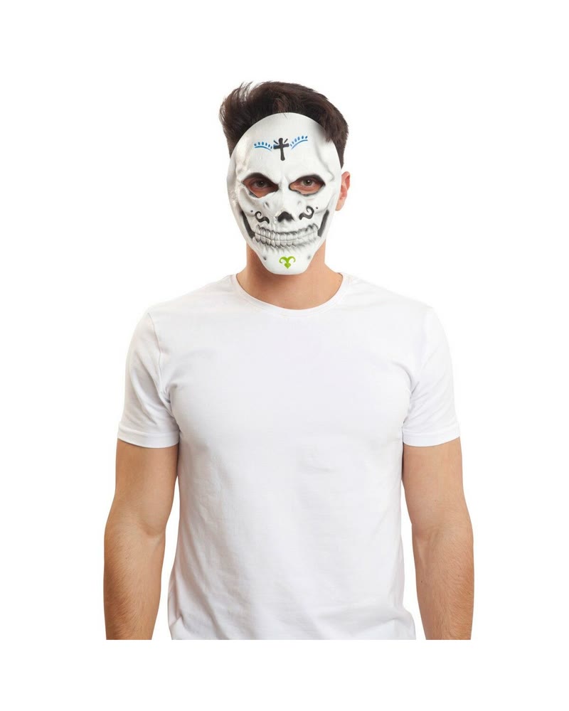 Masque de catrina blanc décoré de motifs du Jour des Morts