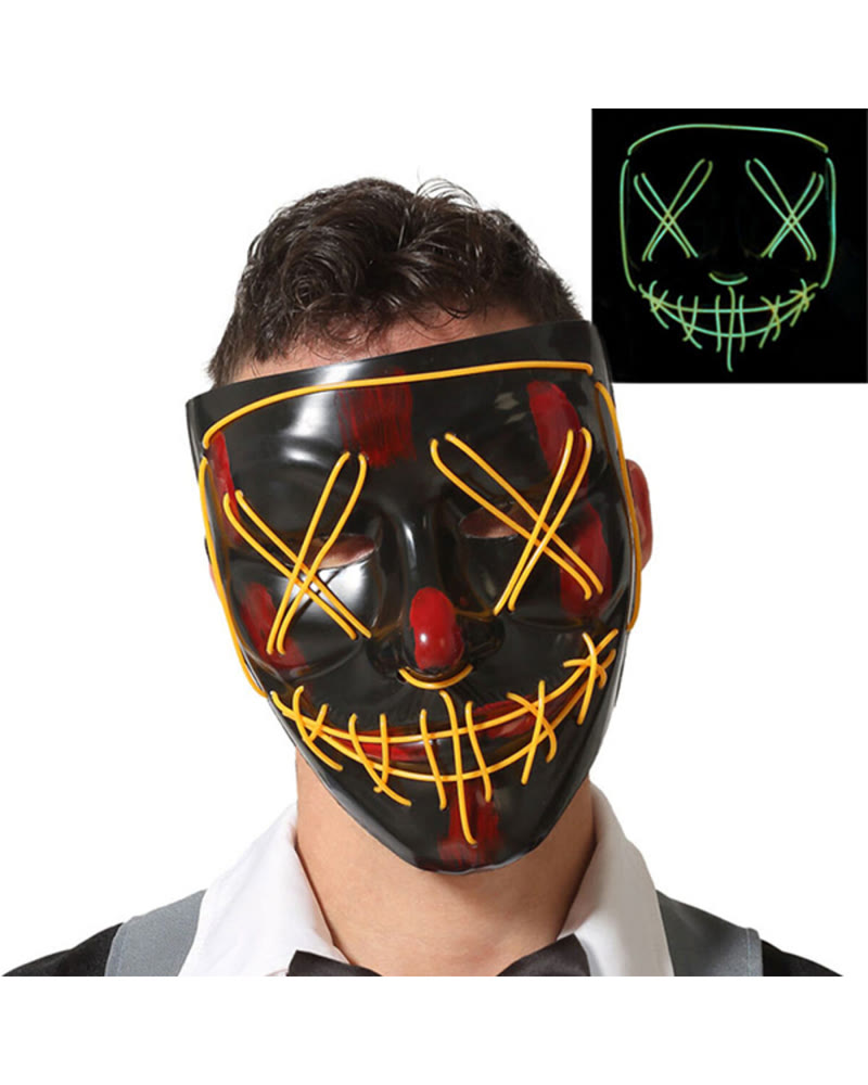 Masque noir à fils lumineux LED jaunes et rouges, brillant dans le noir