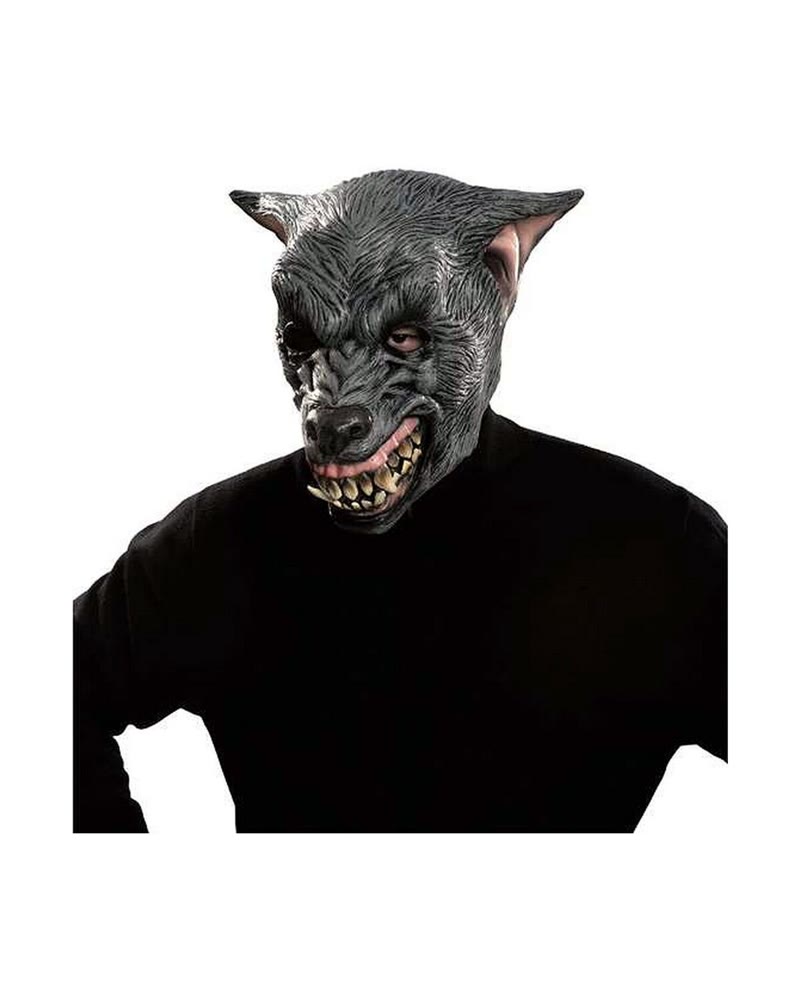 Masque intégral de loup-garou gris au museau réaliste et crocs apparents