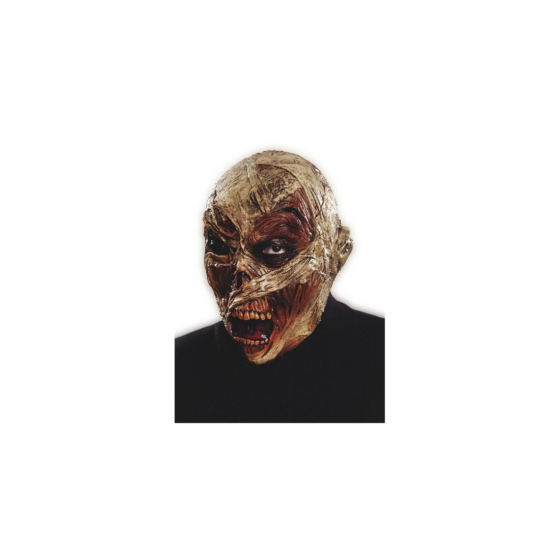 Masque intégral de momie en latex, bandelettes beiges et visage décharné