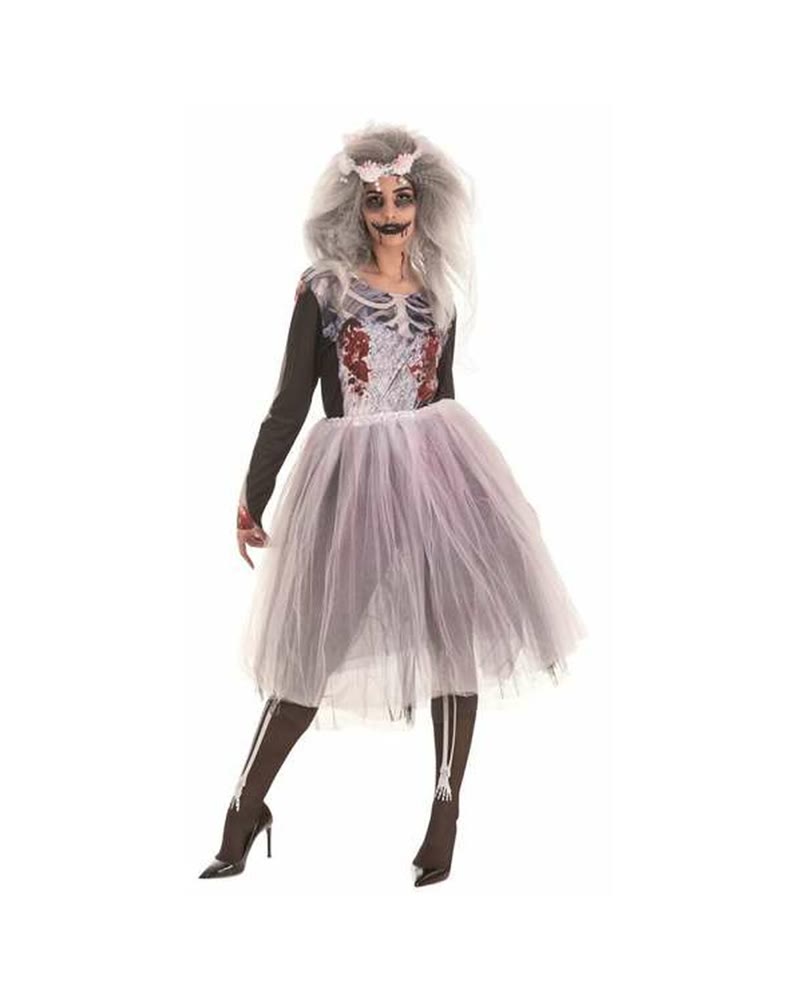 Robe de mariée fantôme avec haut imprimé squelette, jupon en tulle et voile gris