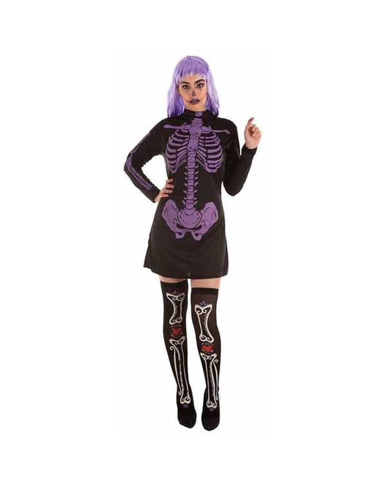 Robe courte noire imprimée squelette avec chaussettes hautes à motif os