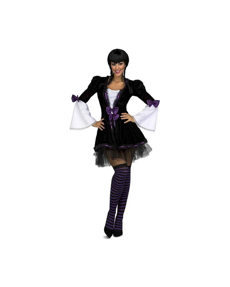 Robe de vampiresse gothique noire et violette à manches évasées avec jupe en tulle